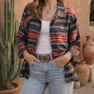 JM Collection 100% Silk Striped Jacket Blouse Boho Southwestern Style Size M